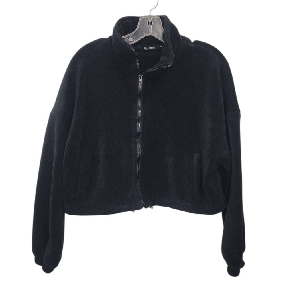 Automet Fleece Jacket Women's Small Cropped Full Zip Black‎ Pullover